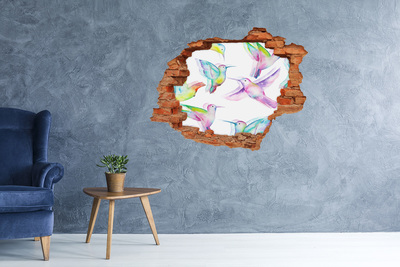 3D wall hole wallpaper Colorful hummingbirds in a hole in the wall