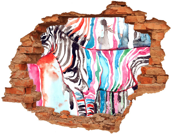 Hole in the wall sticker Zebra in a colorful background