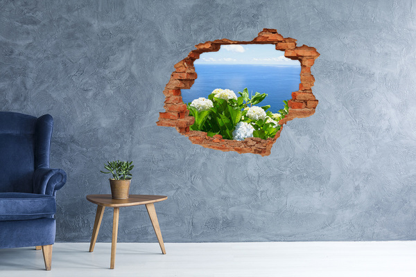 3D wall hole wallpaper View of the sea through a hole in the wall