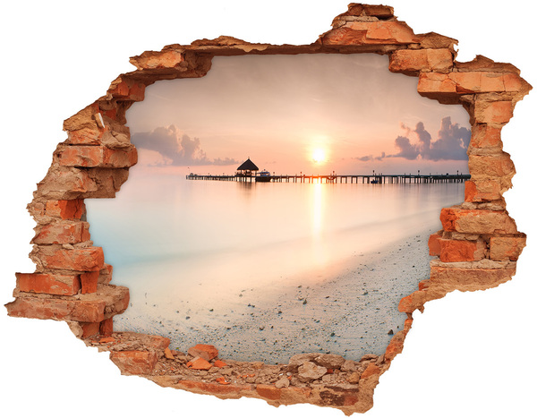 3D wall hole wallpaper Sunset over the pier