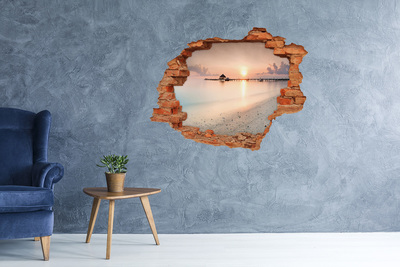 3D wall hole wallpaper Sunset over the pier