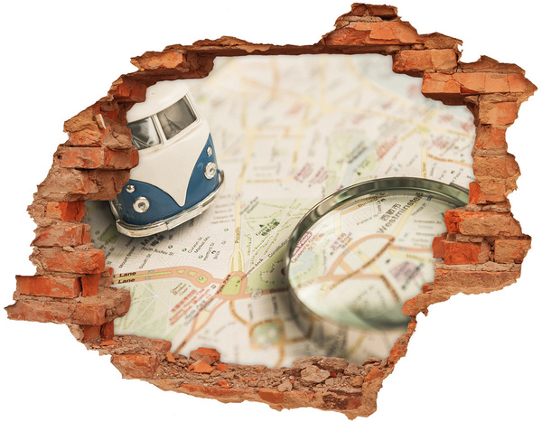 3D wall hole Map with magnifying glass in a hole in the wall