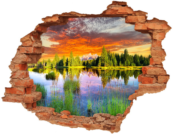 3D wall hole wallpaper Mountain landscape at sunset