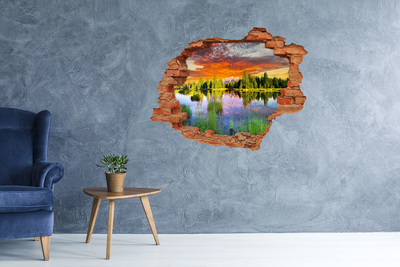 3D wall hole wallpaper Mountain landscape at sunset