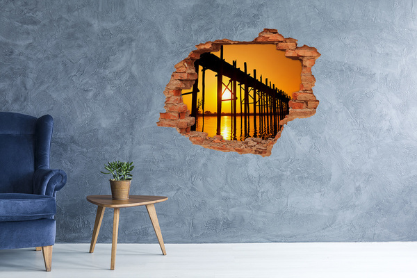 3D wall hole wallpaper Sunset over the pier