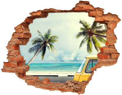 3D wall hole wallpaper Tropical oasis with a yellow car