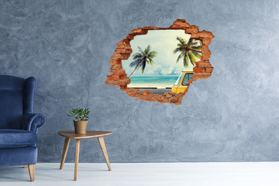 3D wall hole wallpaper Tropical oasis with a yellow car