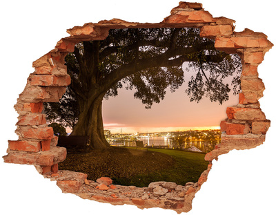 3D wall hole wallpaper View of the city through a hole in the wall