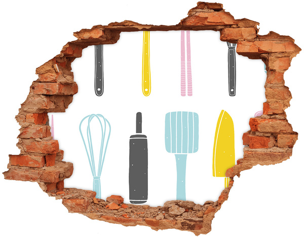 3D wall hole wallpaper Kitchen tools in a hole in the wall