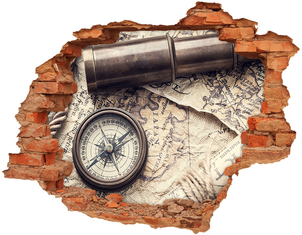 3D wall hole Ancient map with a compass