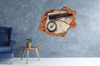 3D wall hole Ancient map with a compass