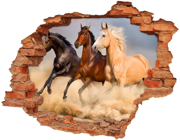 3D wall hole wallpaper Horses at gallop