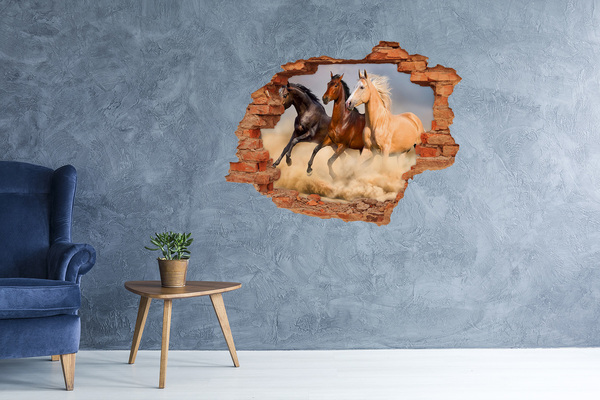 3D wall hole wallpaper Horses at gallop