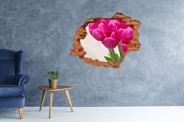 3D wall hole wallpaper Pink tulips