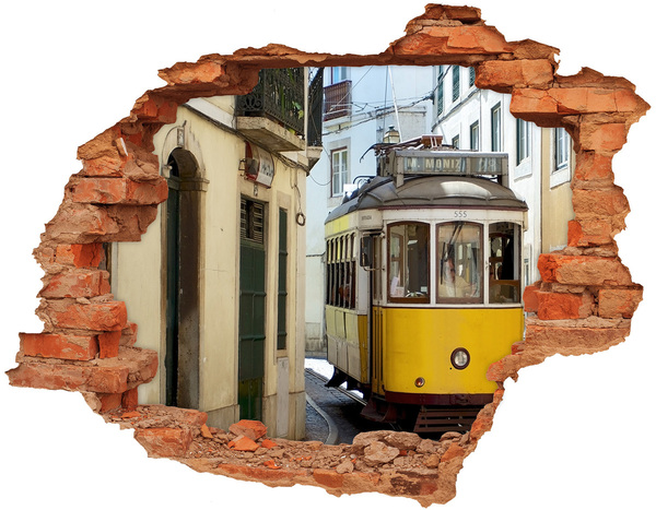 Hole wall sticker A yellow tram in a narrow street