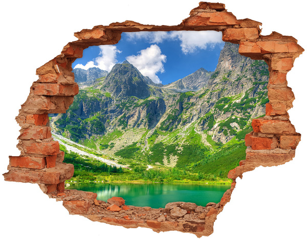 3D wall hole wallpaper Mountain panorama with a lake