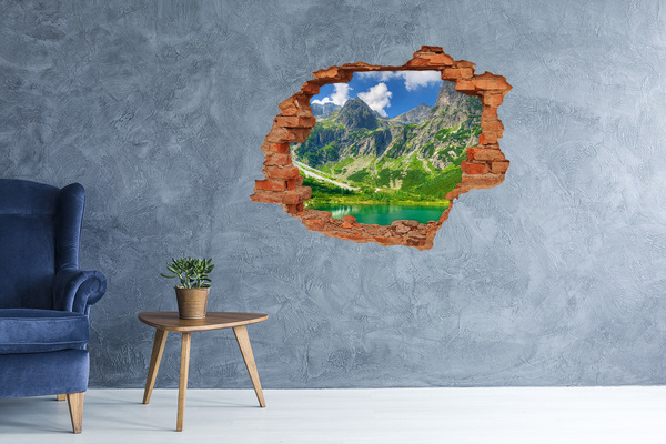3D wall hole wallpaper Mountain panorama with a lake