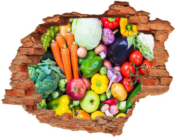 Hole in the wall sticker Colorful vegetables and fruits in a hole in the wall