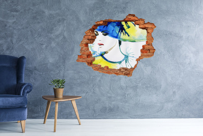 Hole in the wall decal Woman in a blue hat