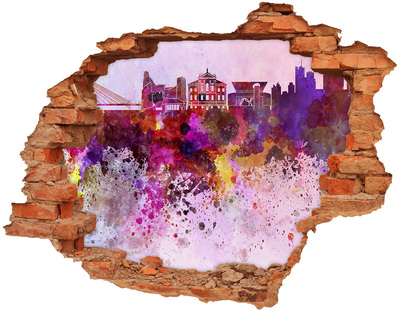 3D wall hole wallpaper Colorful view of the city