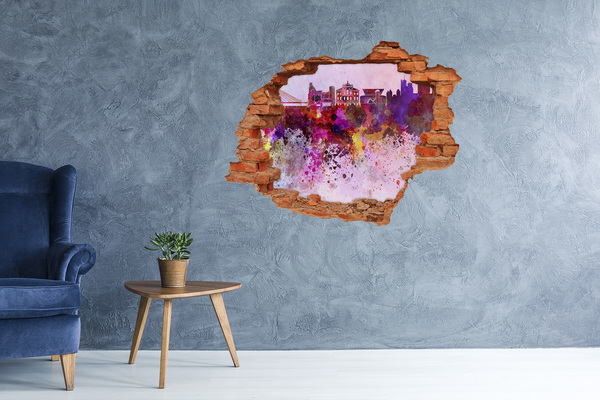 3D wall hole wallpaper Colorful view of the city
