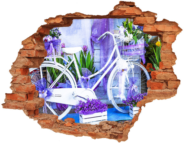 3D wall hole A bicycle in a garden full of flowers
