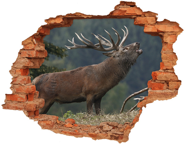3D wall hole wallpaper Deer in a mountain landscape