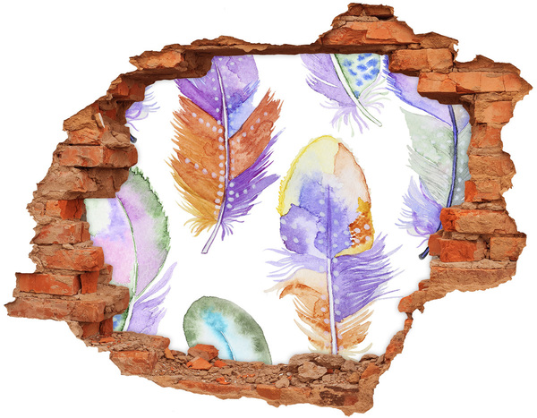 3D wall hole wallpaper Colorful feathers on the wall background