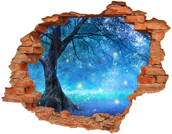 3D wall hole wallpaper Magical forest in the moonlight