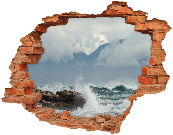 3D wall hole wallpaper Stormy Sea with Mountain Background
