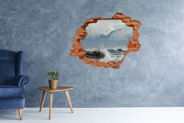 3D wall hole wallpaper Stormy Sea with Mountain Background