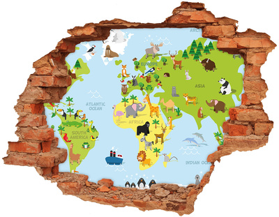 3D wall hole wallpaper Animal map of the world