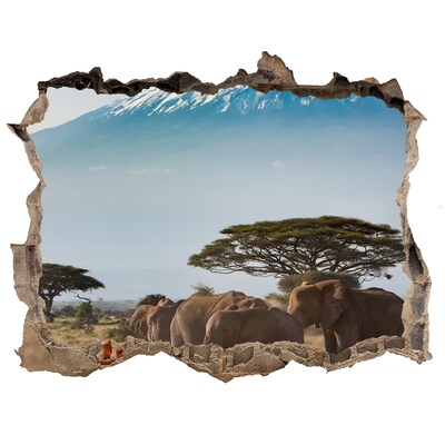 3D wall hole African savannah with elephants