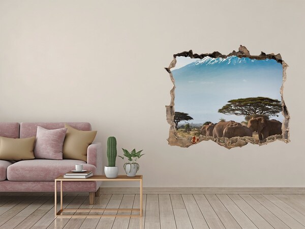 3D wall hole African savannah with elephants