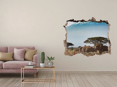 3D wall hole African savannah with elephants