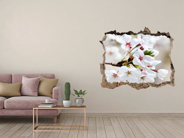 3D wall hole wallpaper Cherry blossoms in a ruined wall