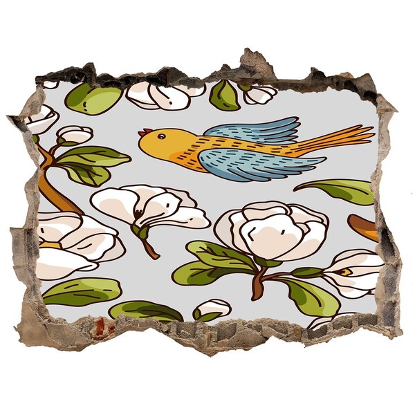 3D wall hole wallpaper Flower paradise with a bird