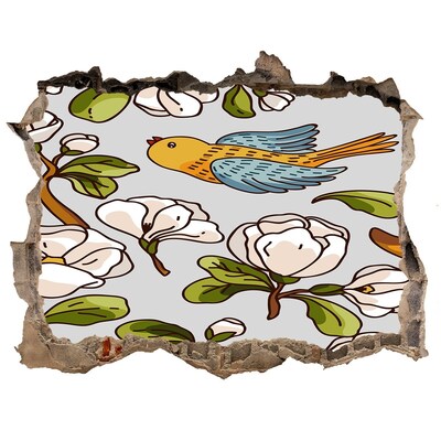 3D wall hole wallpaper Flower paradise with a bird