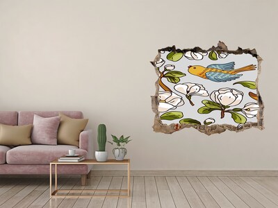 3D wall hole wallpaper Flower paradise with a bird