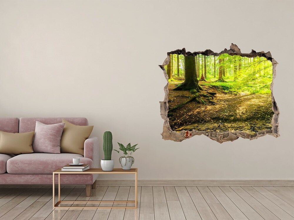 3D wall hole wallpaper Rays of the sun forest