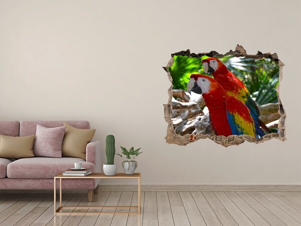3D wall hole wallpaper Tropical parrots in the jungle