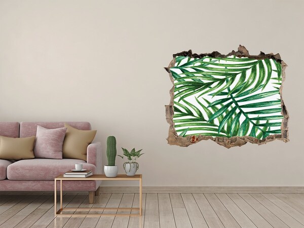 3D wall hole wallpaper Green palm leaves