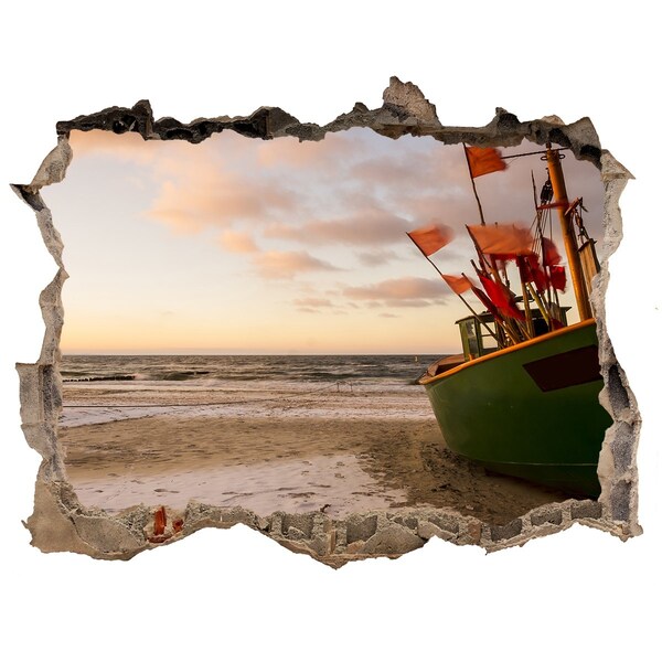 Hole wall sticker Fishing boat beach