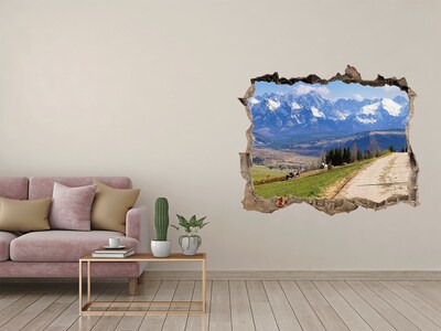 3D wall hole wallpaper Mountain landscape behind the hole in the wall