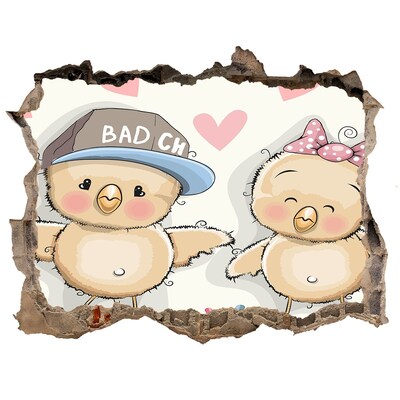 3D wall hole wallpaper Cute birds on a skateboard