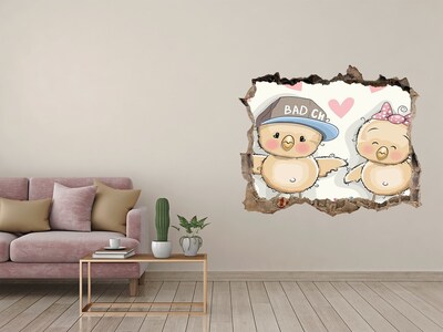 3D wall hole wallpaper Cute birds on a skateboard