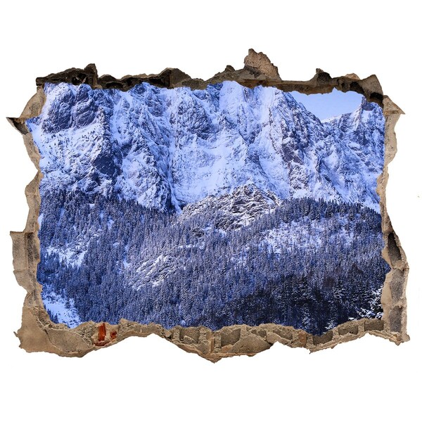3D wall hole wallpaper Mountain landscape in winter scenery