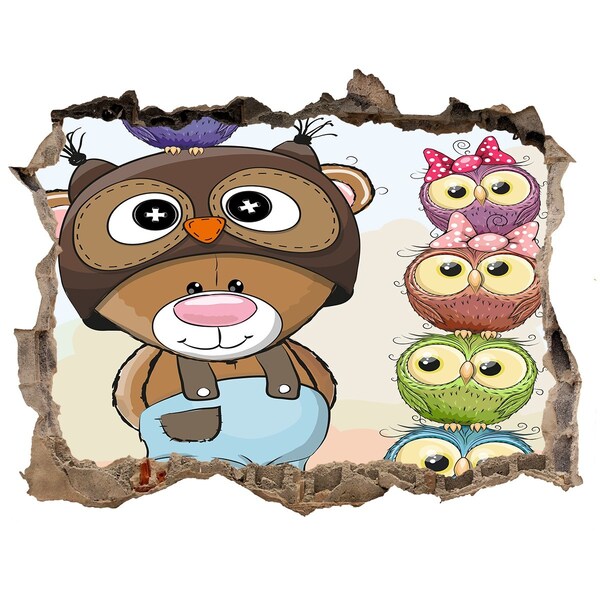 3D wall hole wallpaper Bear and owls