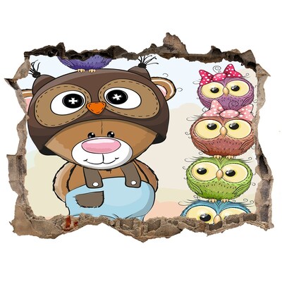 3D wall hole wallpaper Adorable teddy bear with owls