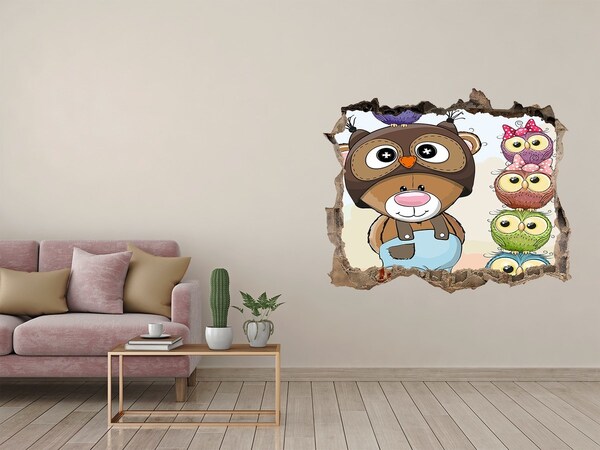 3D wall hole wallpaper Adorable teddy bear with owls